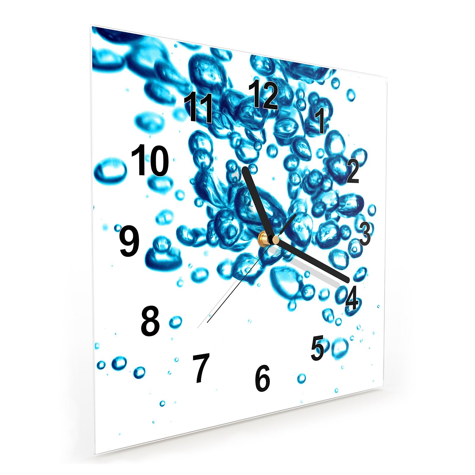 Wanduhr aus Glas Wasser
mit blauen Bläschen