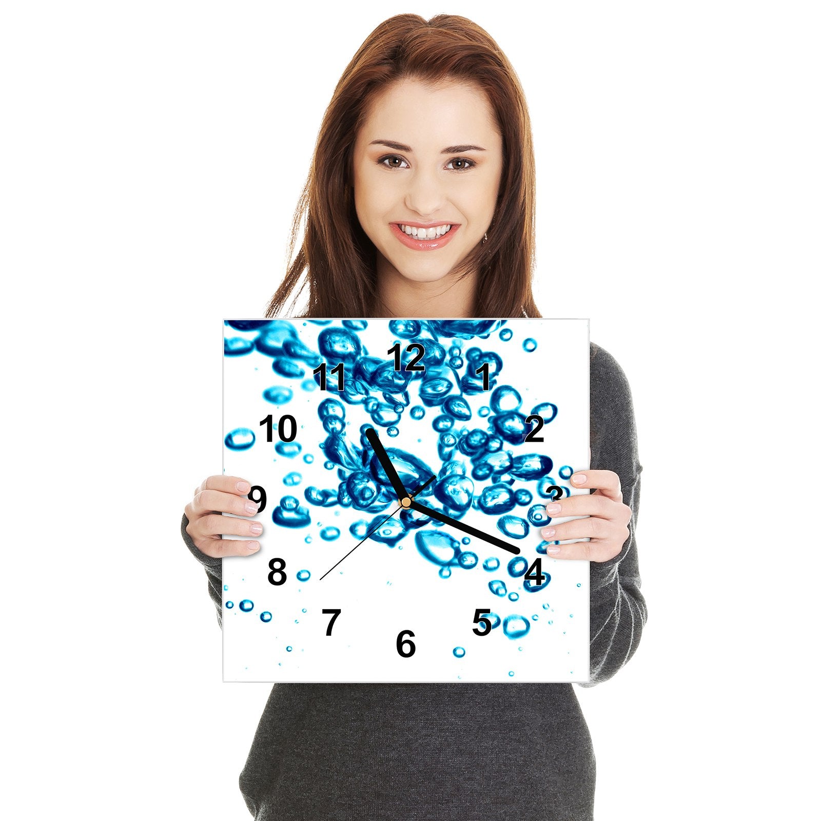 Wanduhr aus Glas Wasser
mit blauen Bläschen