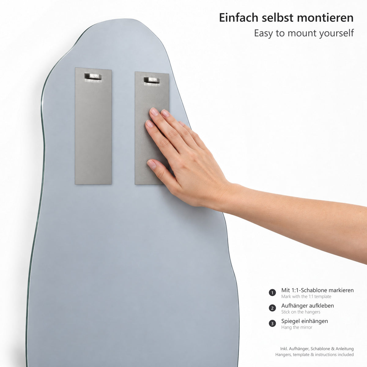 Asymmetrischer Wandspiegel Silhouette 50 × 100 cm – Montageset mit Aufhängeblechen, Klebestreifen und Bohrschablone im Maßstab 1:1