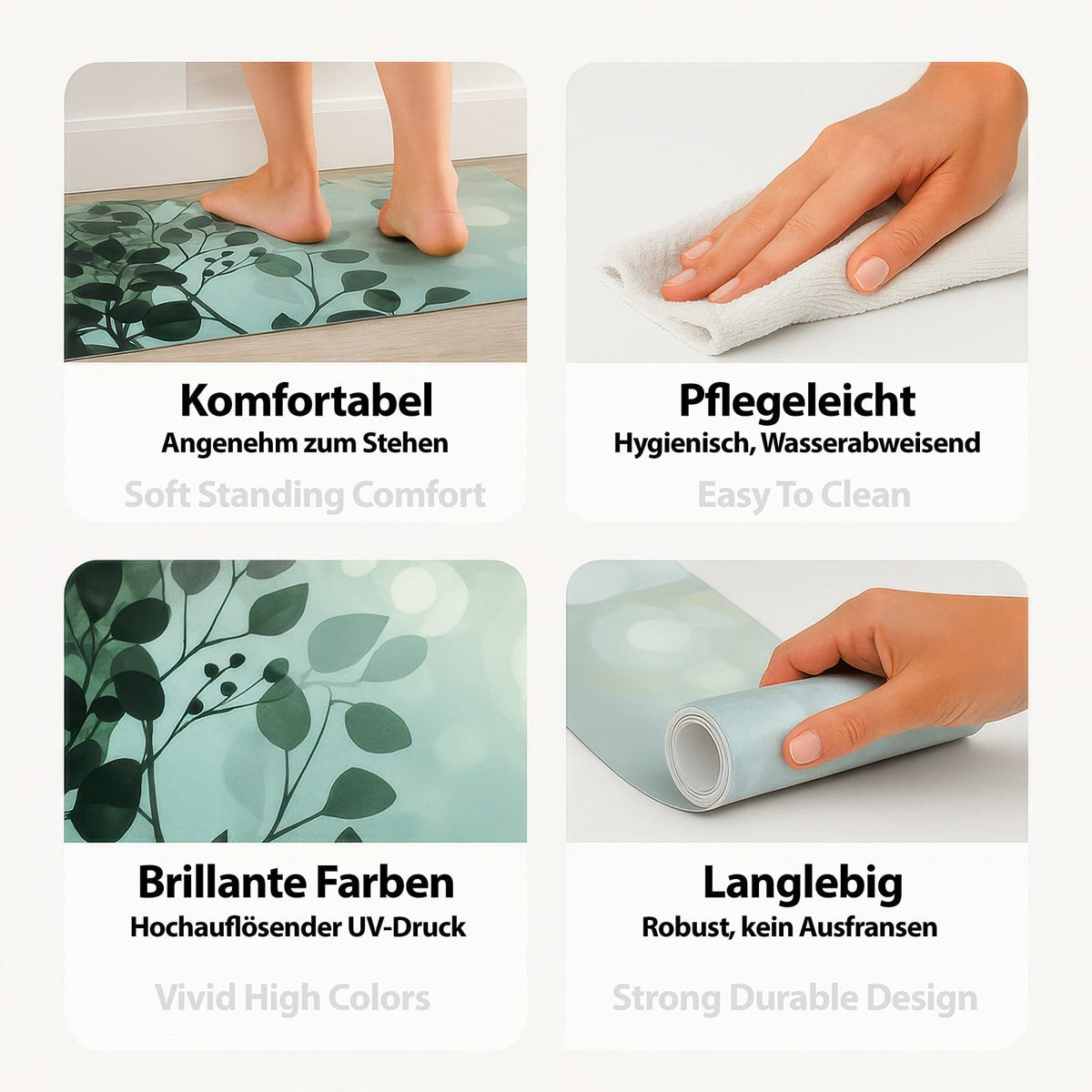 Komfortabler abwaschbarer Küchenteppich mit Motiv Pusteblumen zeigt Produktvorteile