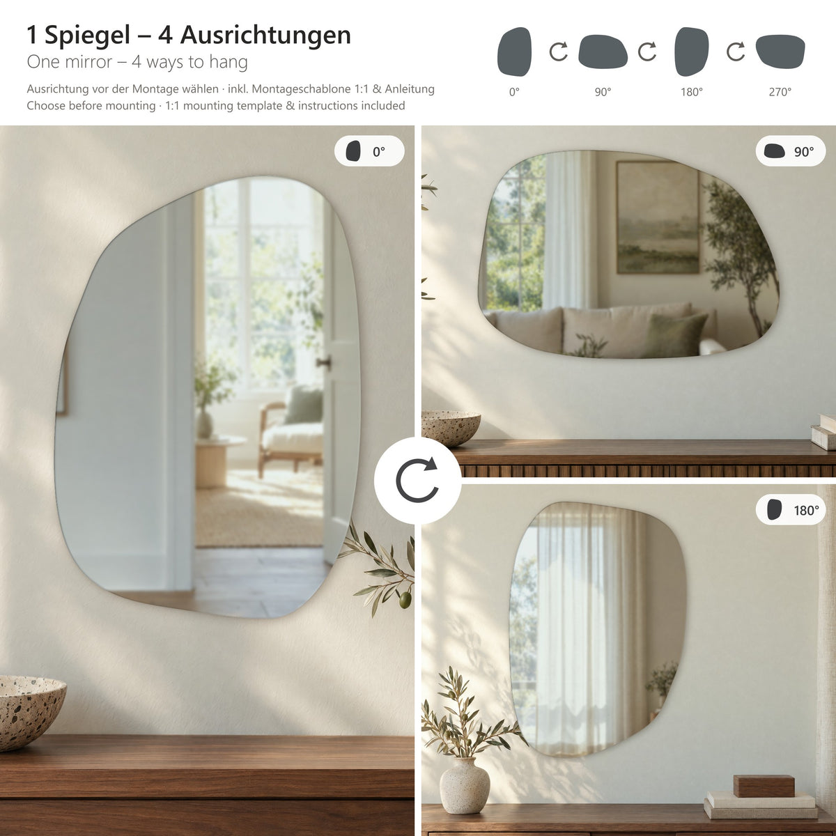 Welliger Wandspiegel Vela 47 × 68 cm in vier Aufhänge-Ausrichtungen: 0, 90, 180 und 270 Grad