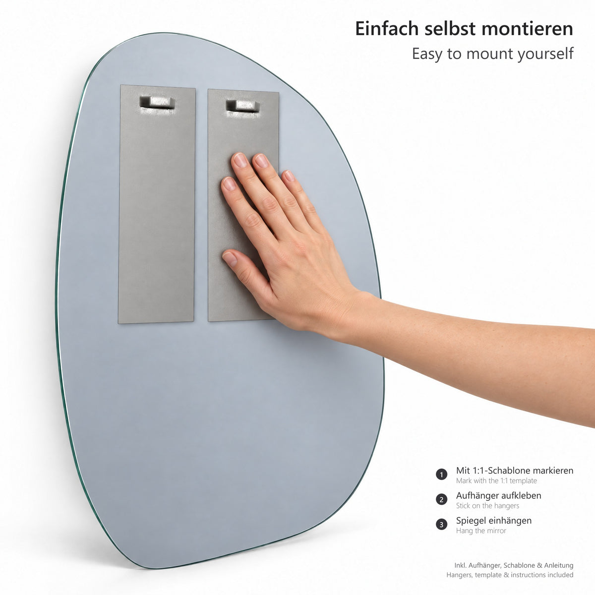 Welliger Wandspiegel Woge 38 × 55 cm – Montageset mit Aufhängeblechen, Klebestreifen und Bohrschablone im Maßstab 1:1