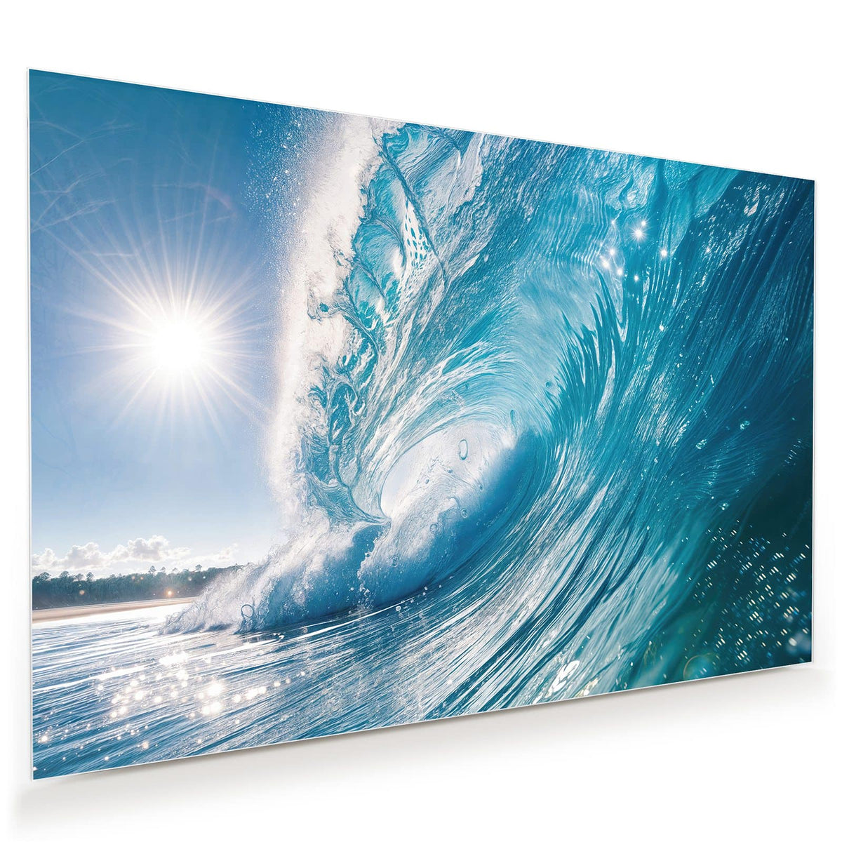 Wandbild aus Glas mit großer blauer Welle und weißer Gischt