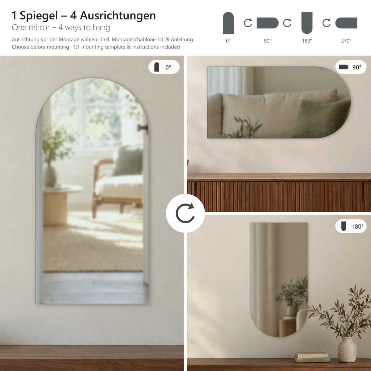 Ein Spiegel, vier Ausrichtungen – Bogenspiegel Porta – rahmenlos