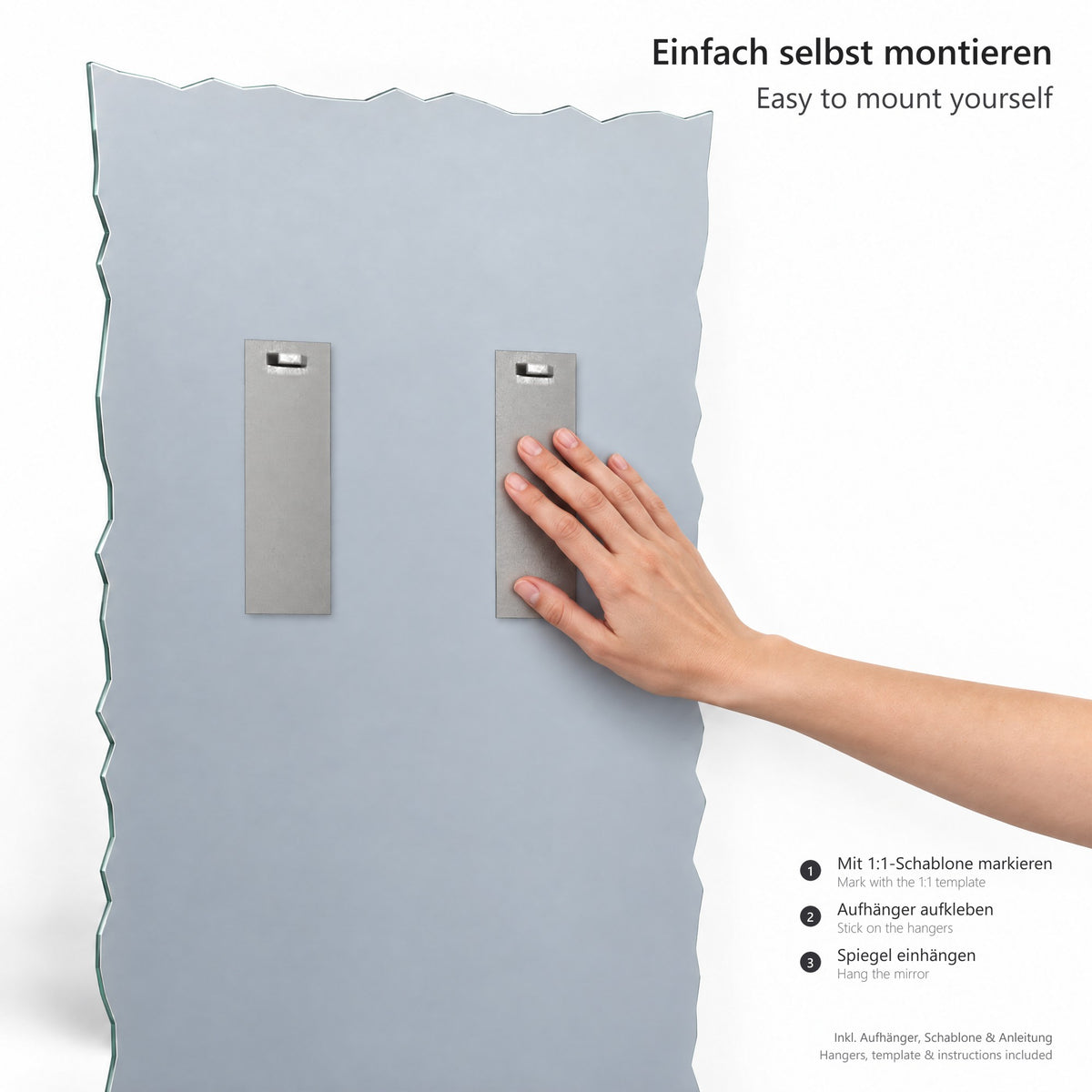 Montage des Spiegels Monolith: Aufhängebleche und Bohrschablone im Maßstab 1:1