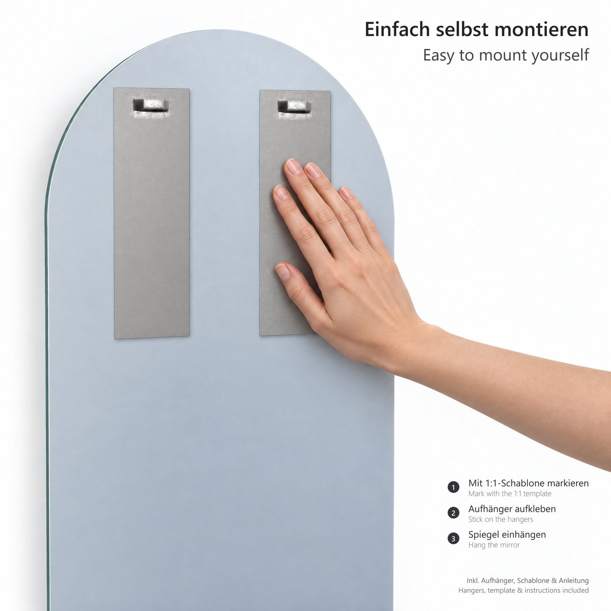 Montage des Spiegels Porta: Aufhängebleche und Bohrschablone im Maßstab 1:1