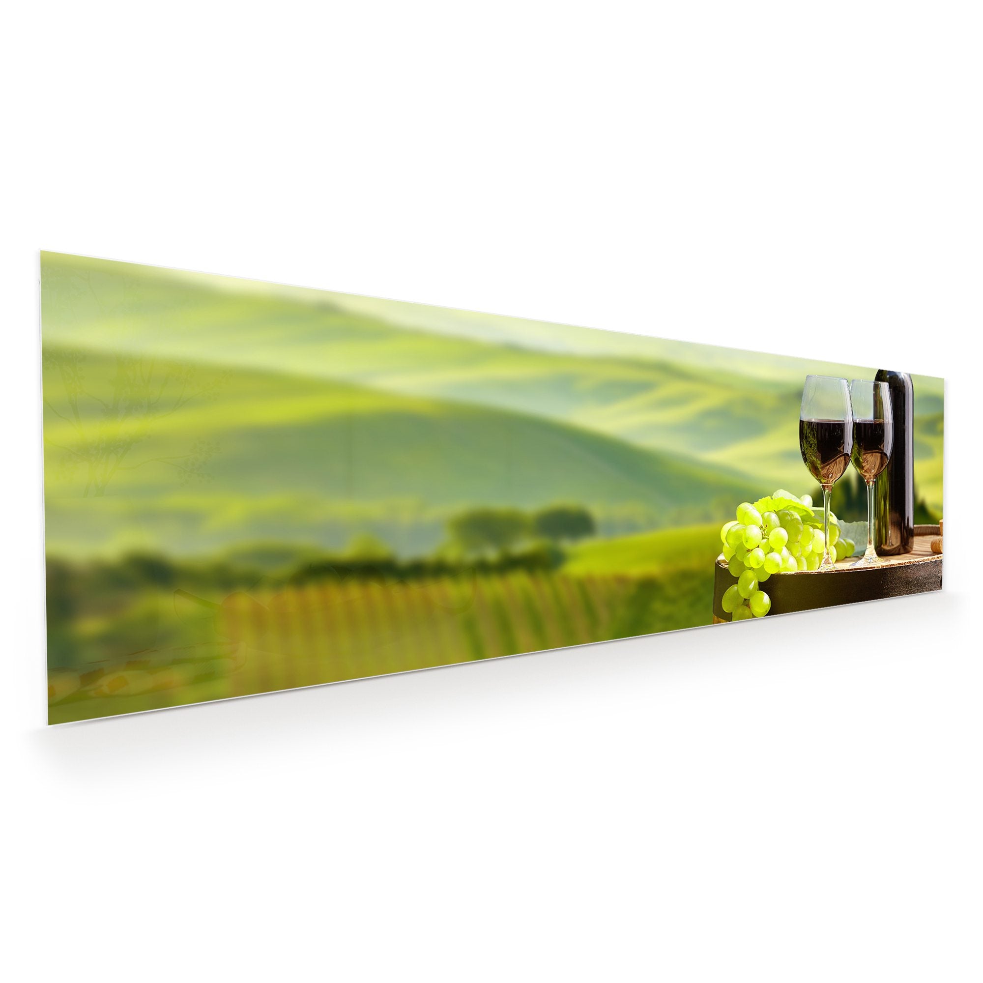 Wandbild Glasbild Weinflasche auf Fass