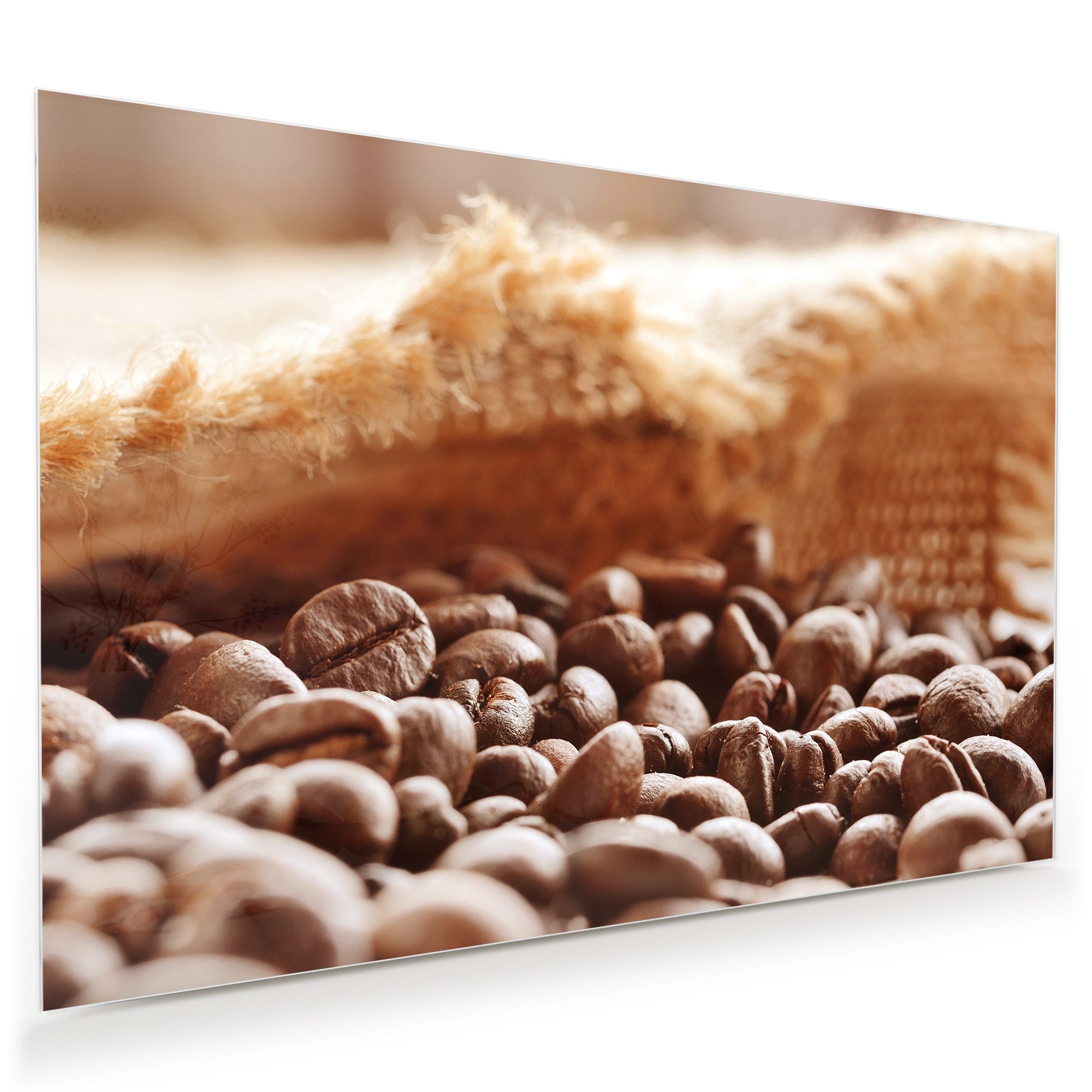 Wandbild Glasbild Kaffeebohnen und Leinensack