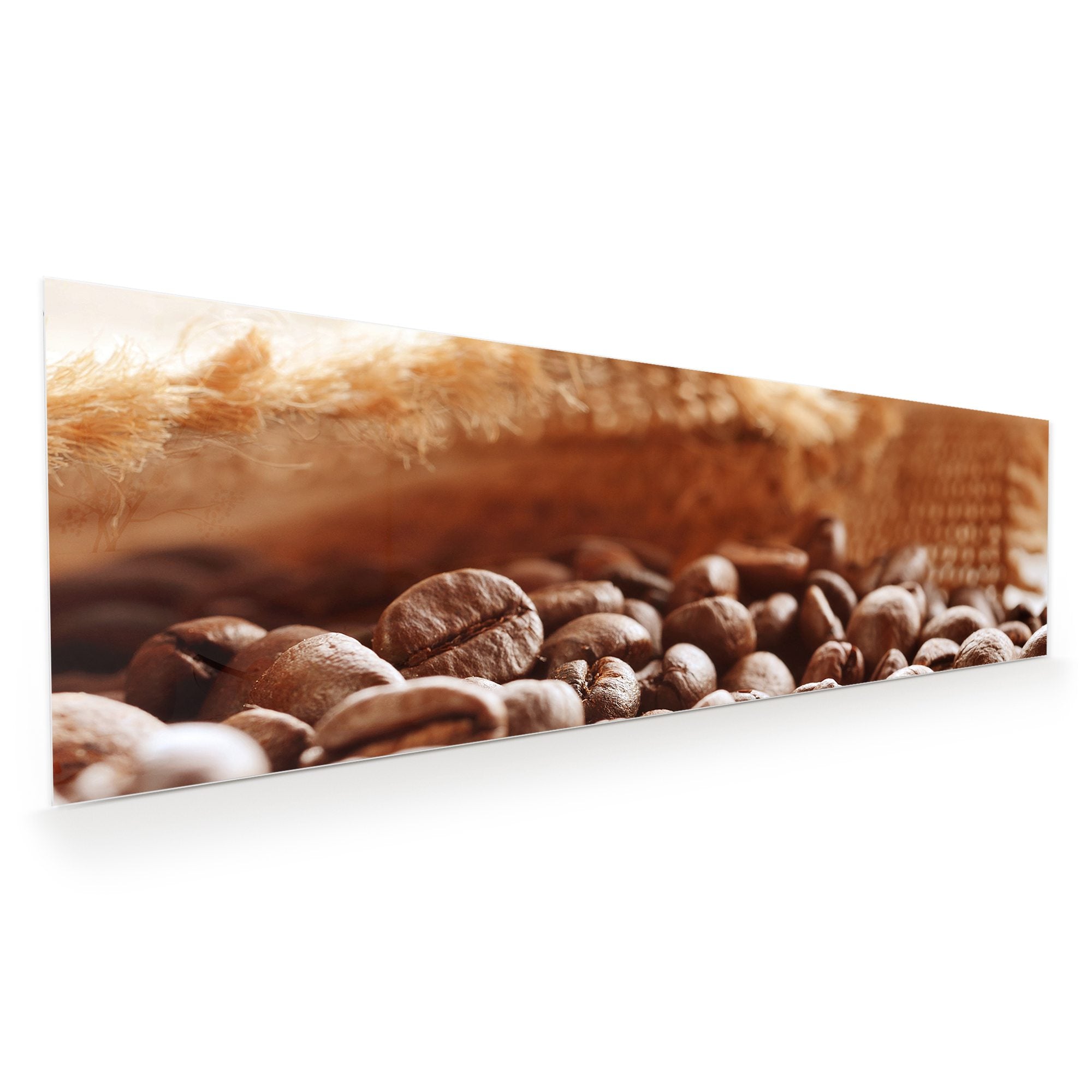 Wandbild Glasbild Kaffeebohnen und Leinensack