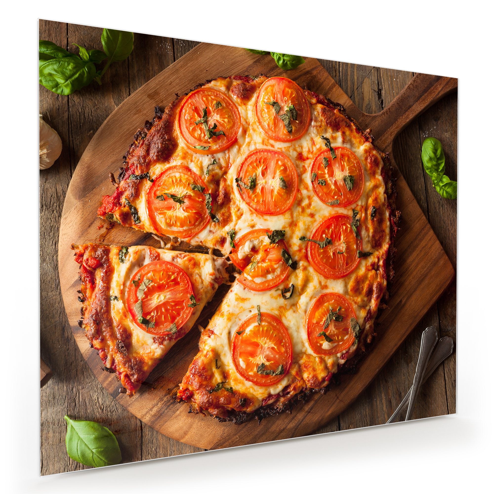 Wandbild Glasbild Pizza mit Tomaten