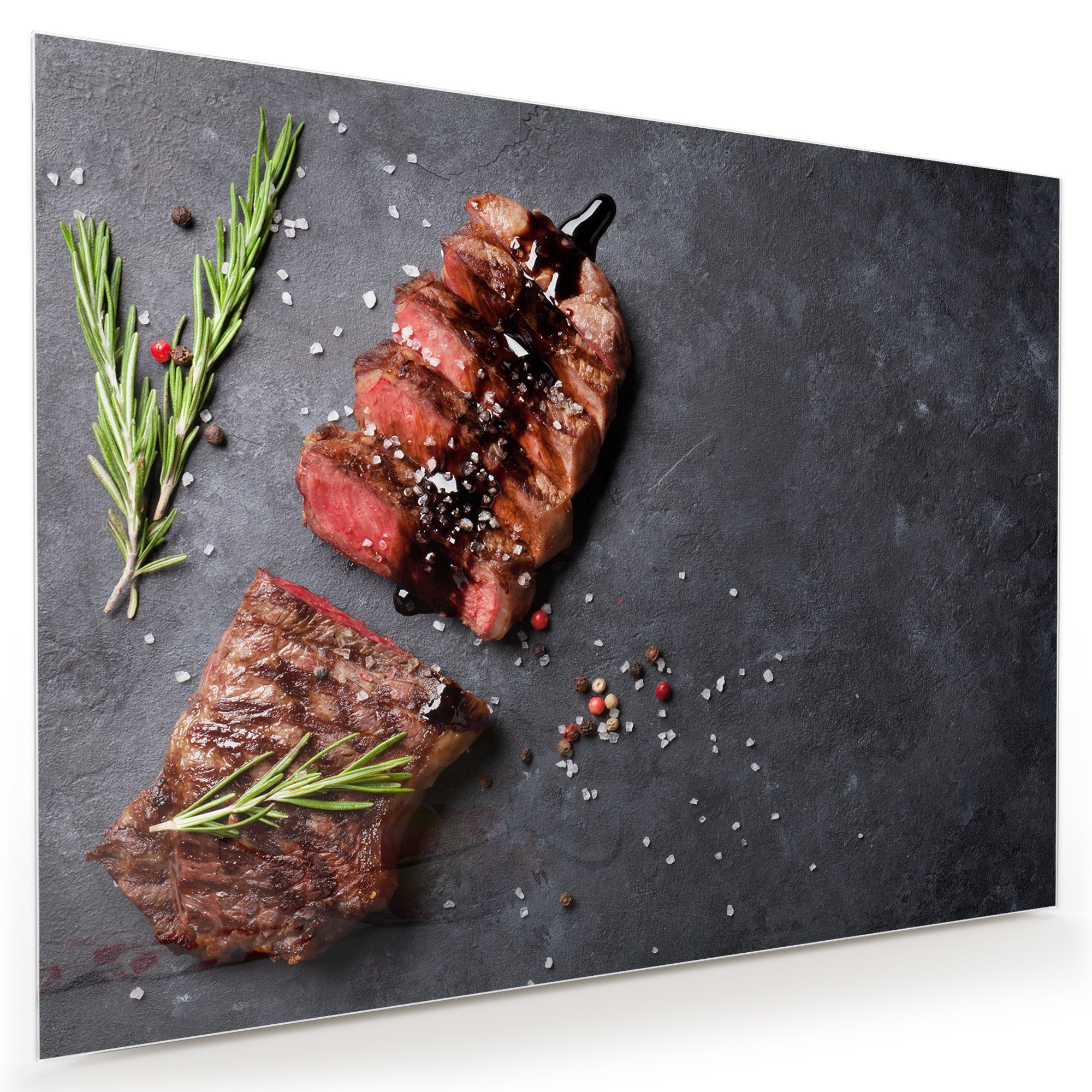 Wandbild Glasbild Steak mit Salz und Pfeffer