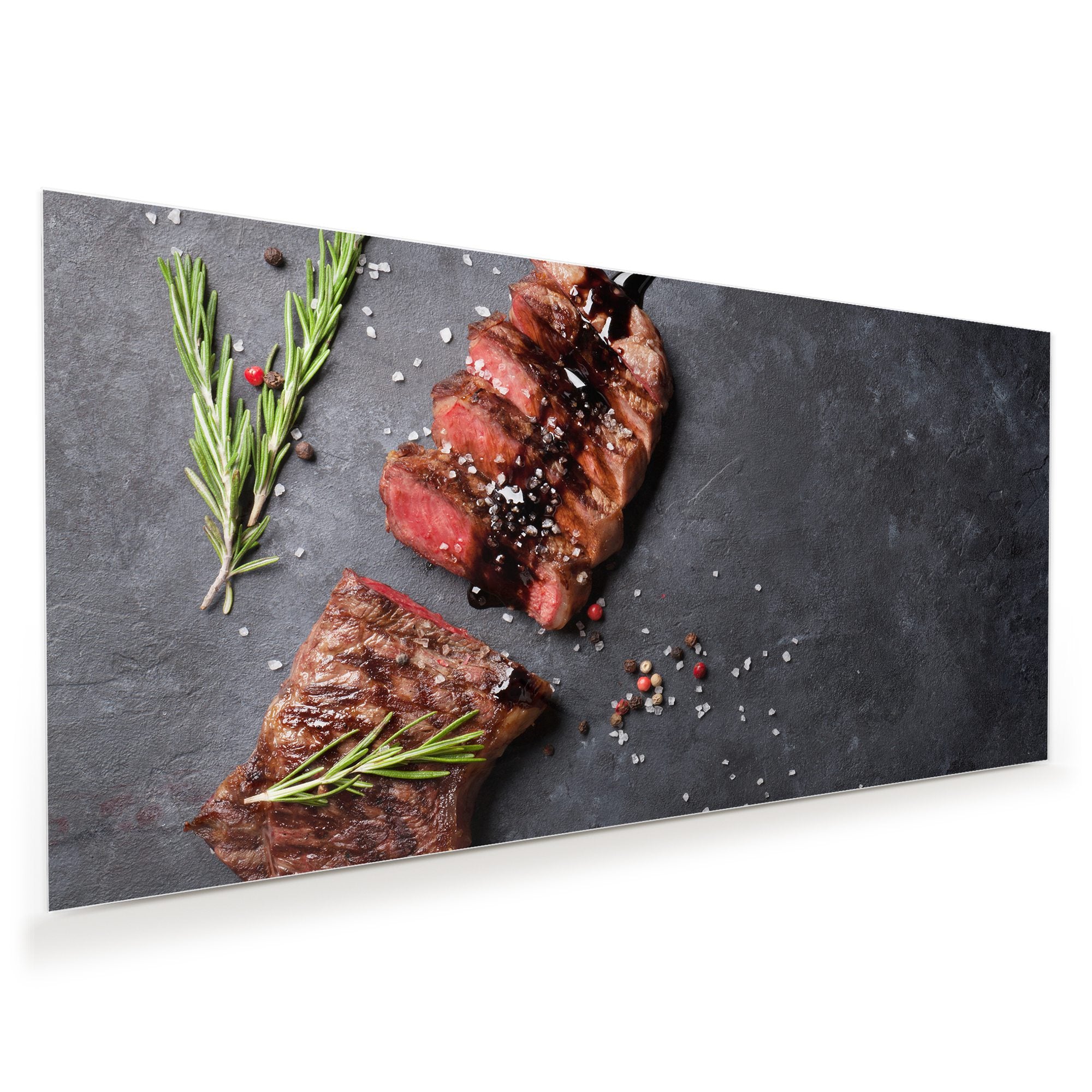Wandbild Glasbild Steak mit Salz und Pfeffer