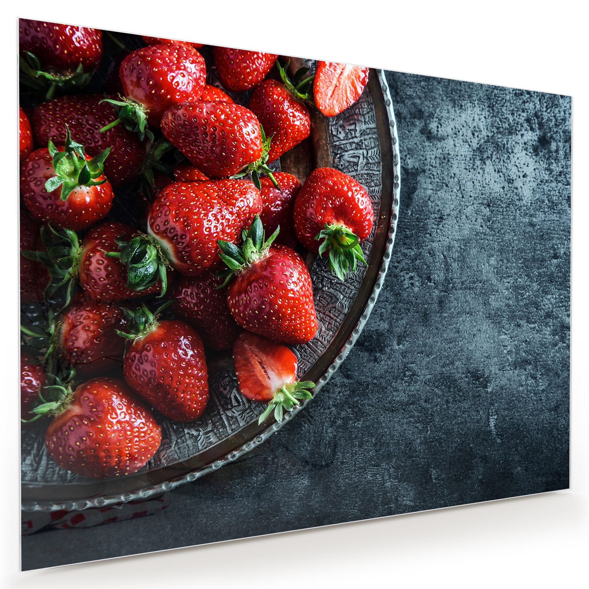 Wandbild Glasbild Erdbeeren auf Teller