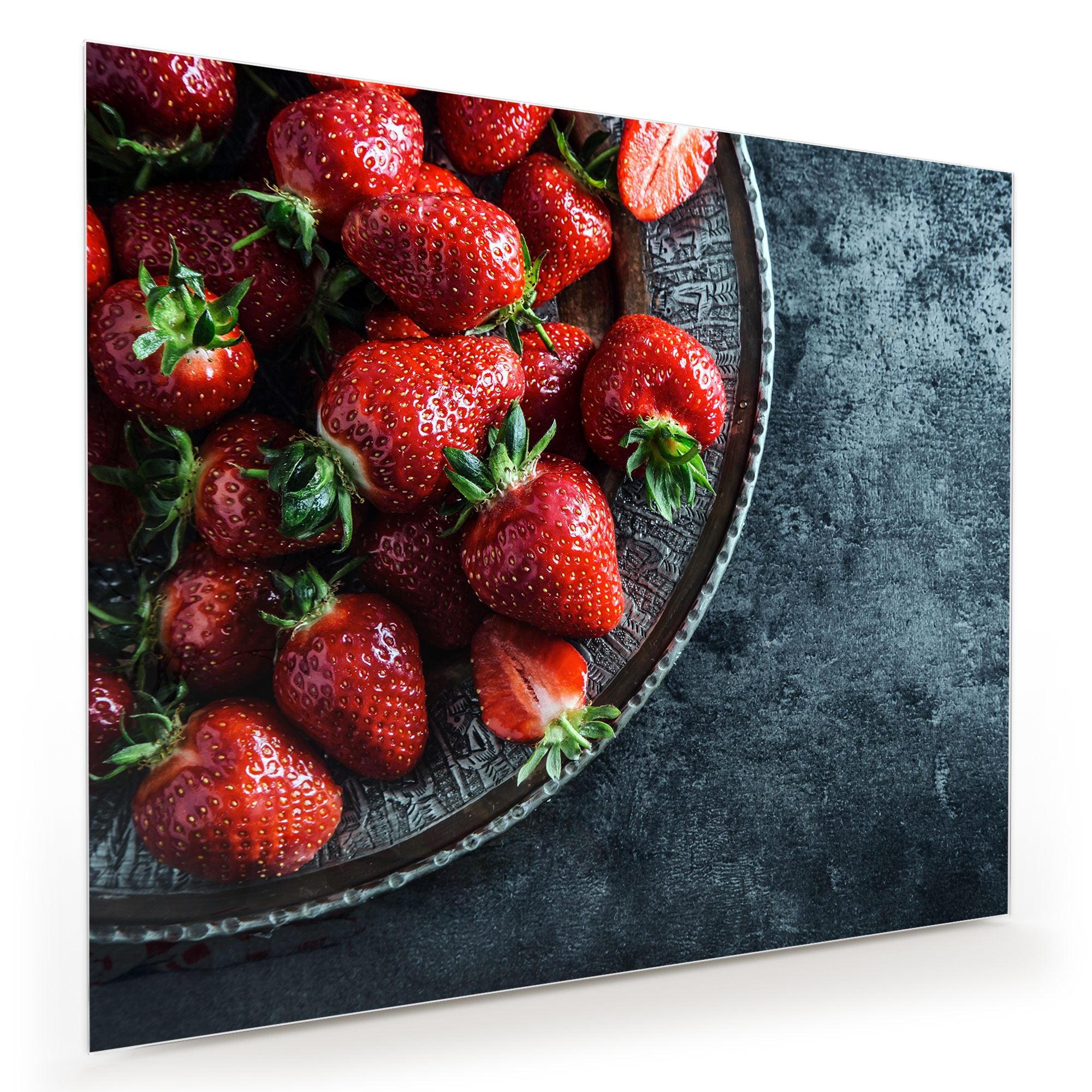 Wandbild Glasbild Erdbeeren auf Teller