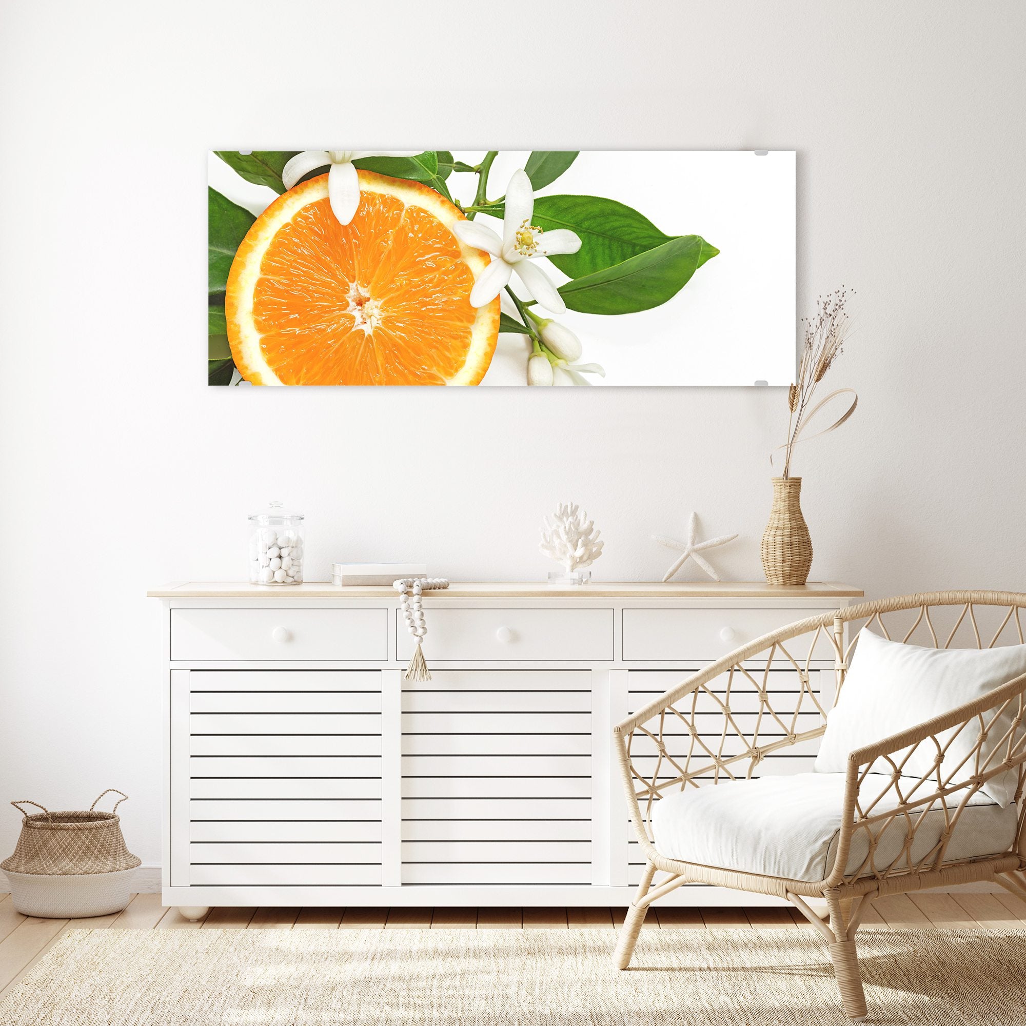 Wandbild Glasbild Orangenschnitz auf Blätter