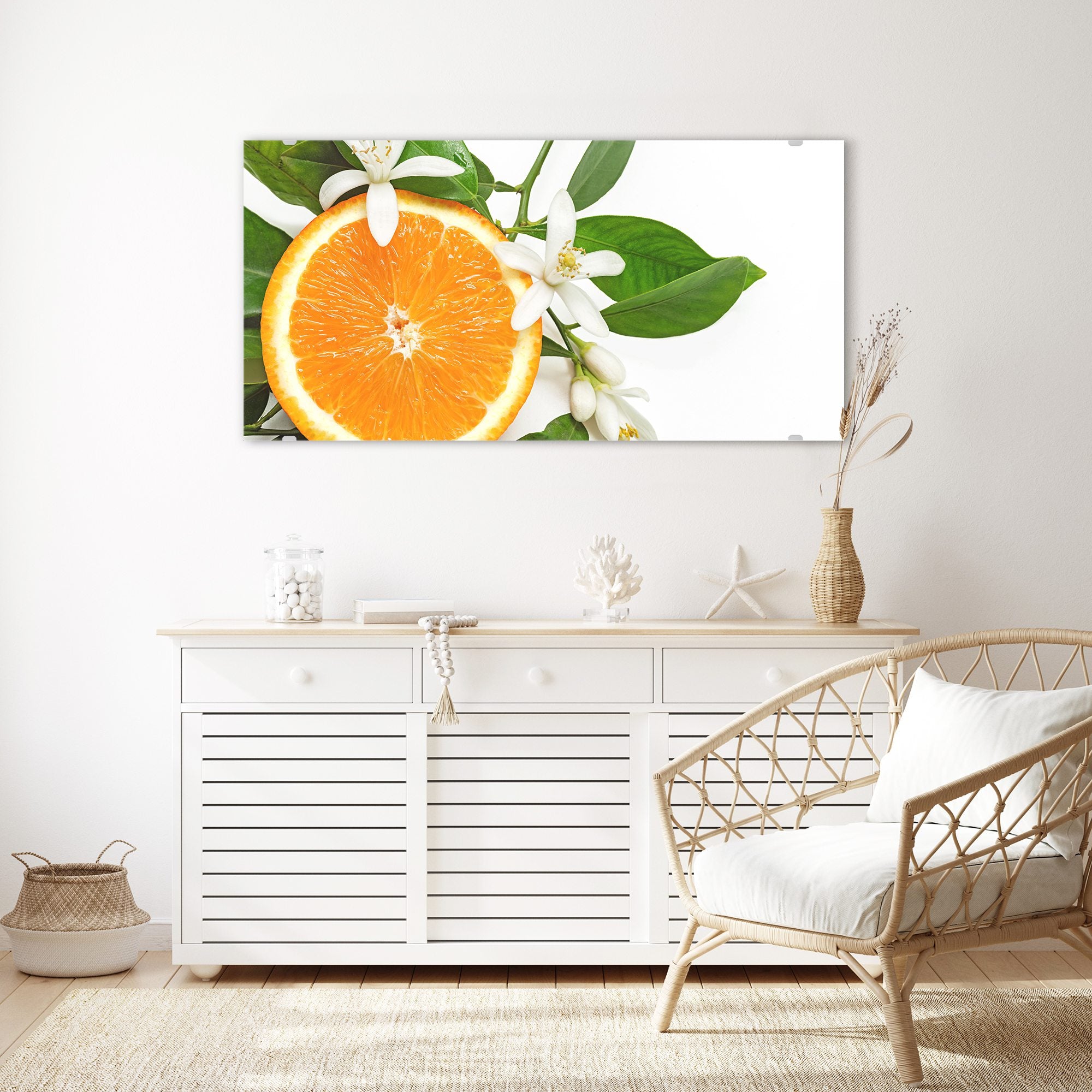 Wandbild Glasbild Orangenschnitz auf Blätter