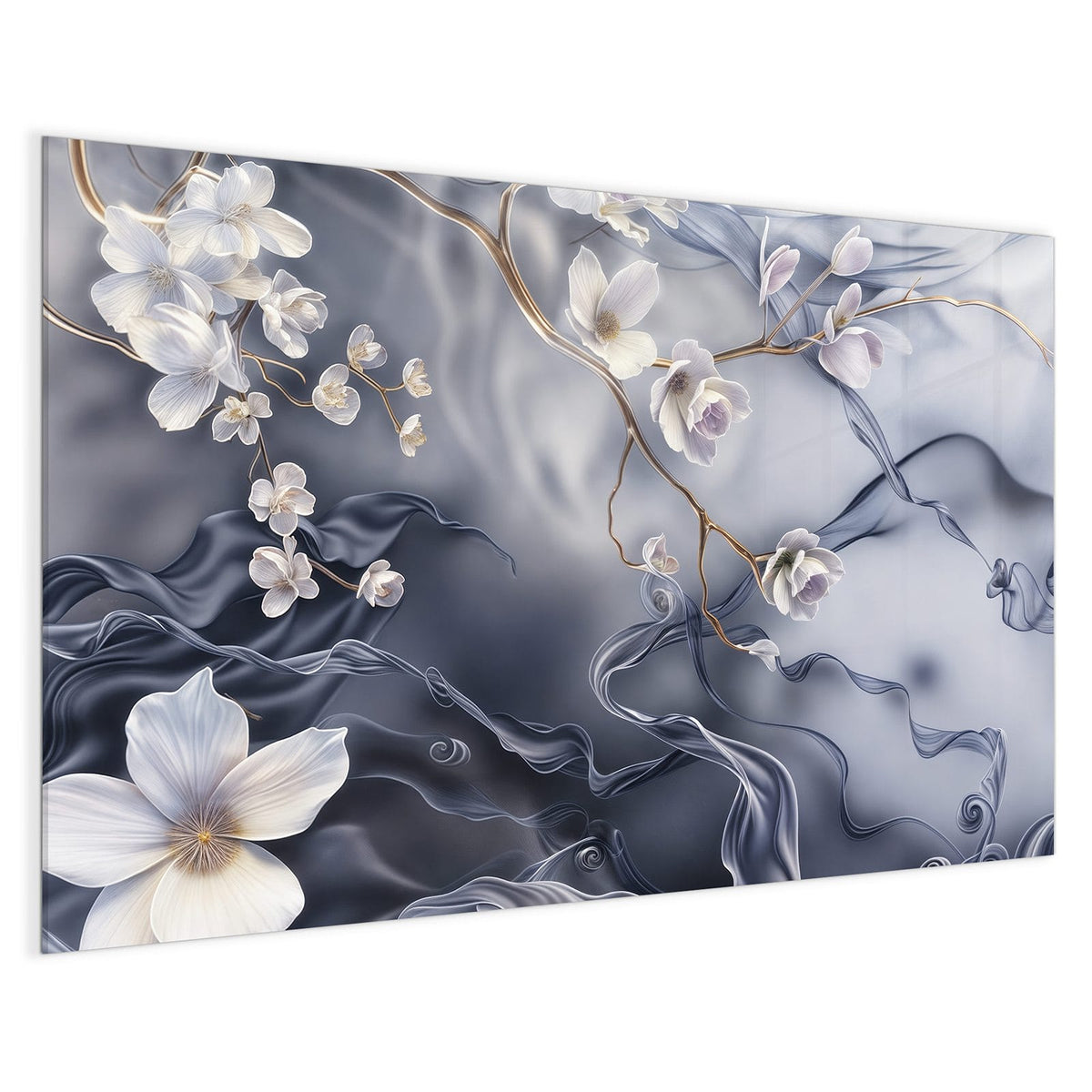 4 mm Glas statt lackiertem Blech – Magnettafel - Weiße Blüten auf Seide