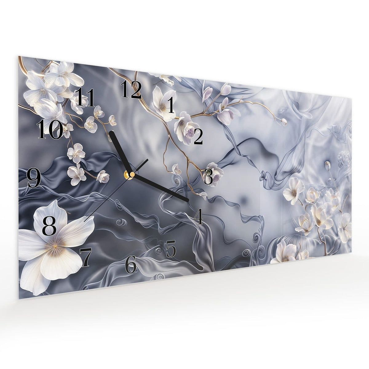 Vormontiert – mit Schwebeeffekt – Wanduhr Blumenwellen auf Seide aus Glas – Querformat 60 × 30 cm