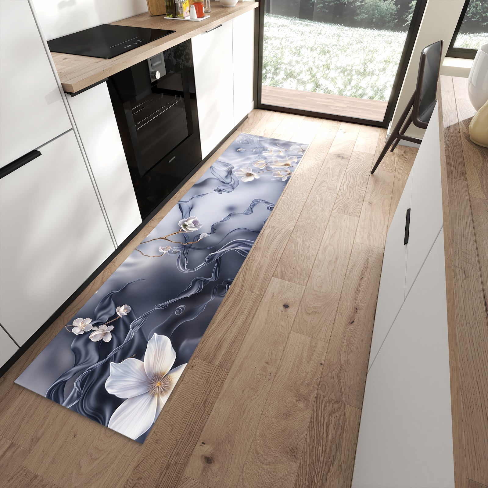 Bodenschonender Küchenteppich mit Motiv Blumenwellen On Silk in moderner Küche