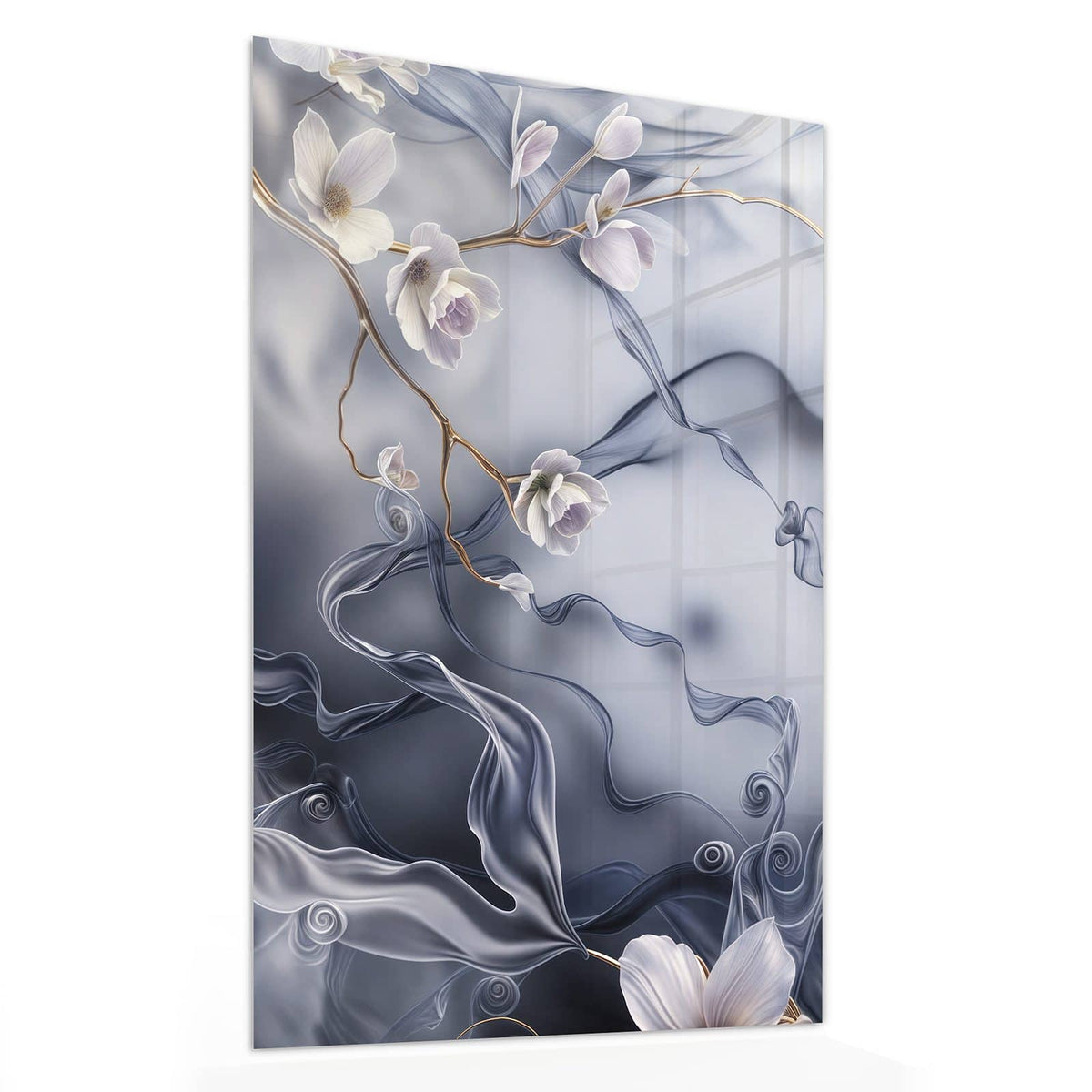 11 Größen – von 30 × 60 bis 60 × 150 cm – Wandbild - Weiße Blüten auf Seide - Hochformat