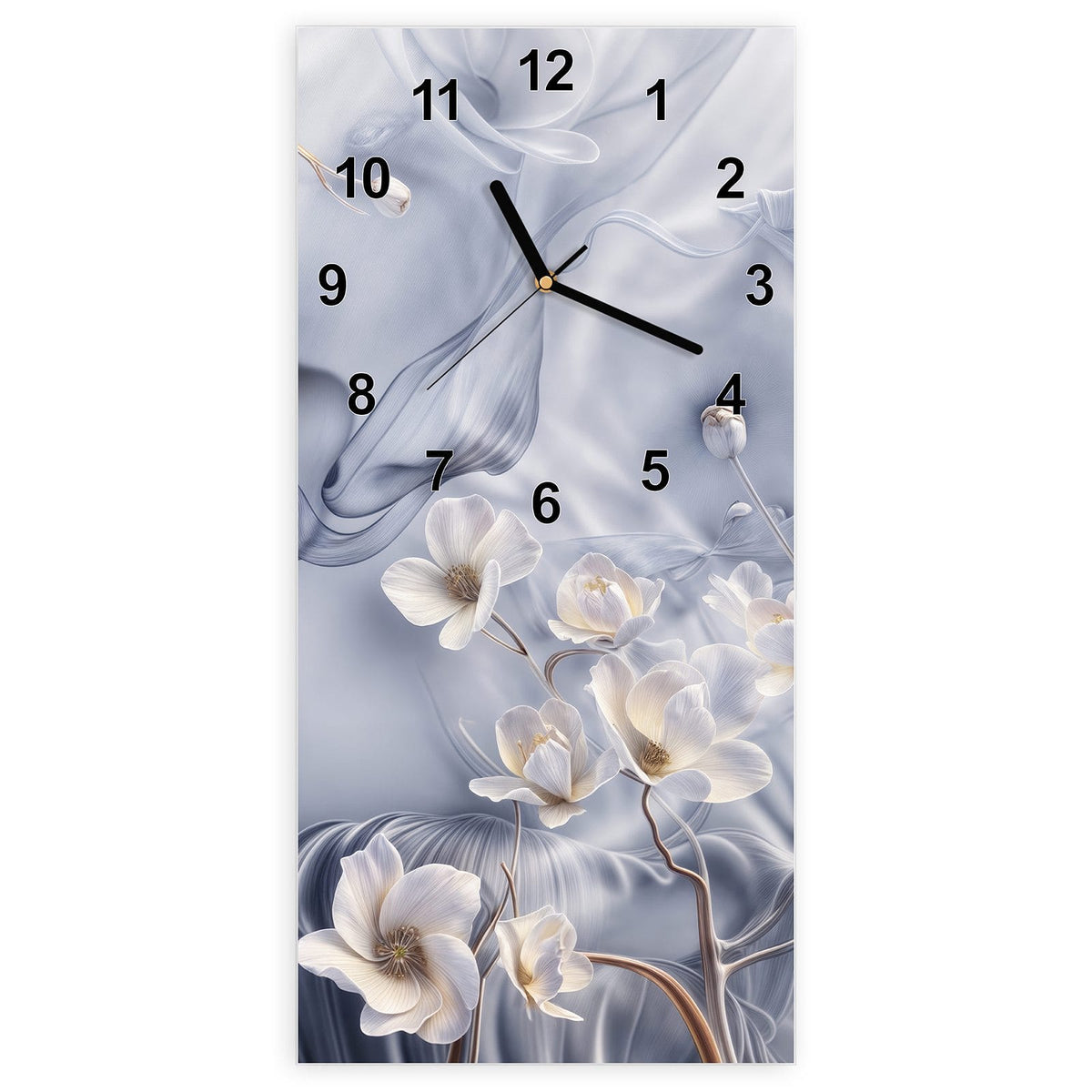 Wanduhr aus Glas, Ziffernblatt Modern mit Motiv Weiße Blüten auf Seide: Weiße Magnolienblüten an goldenen Zweigen vor graublauen, seidig wirbelnden Schleiern