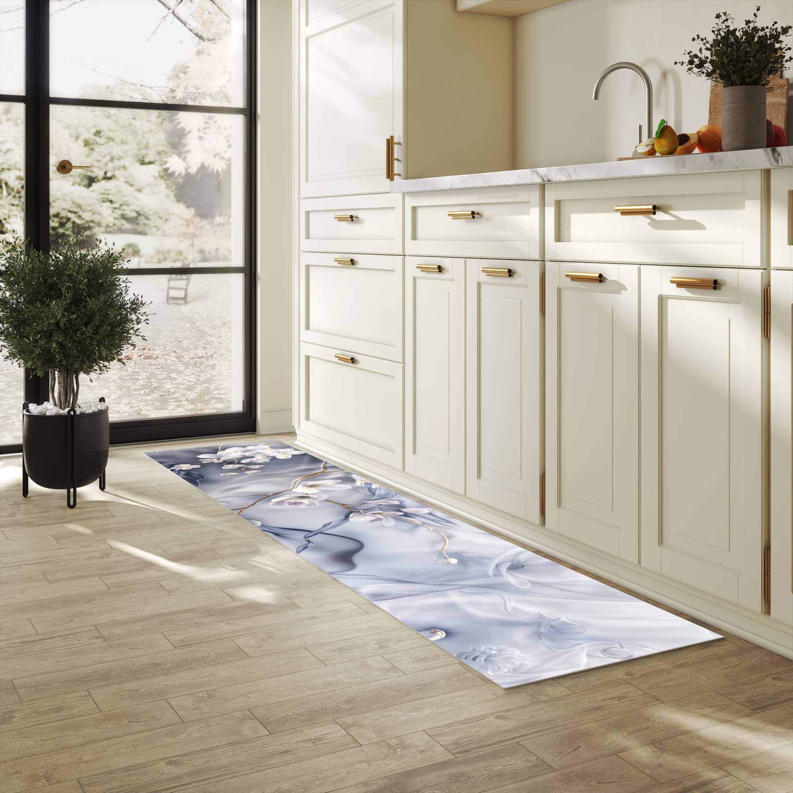 Pflegeleichter moderner Küchenläufer mit Motiv Blumenwellen On Silk in heller Küche