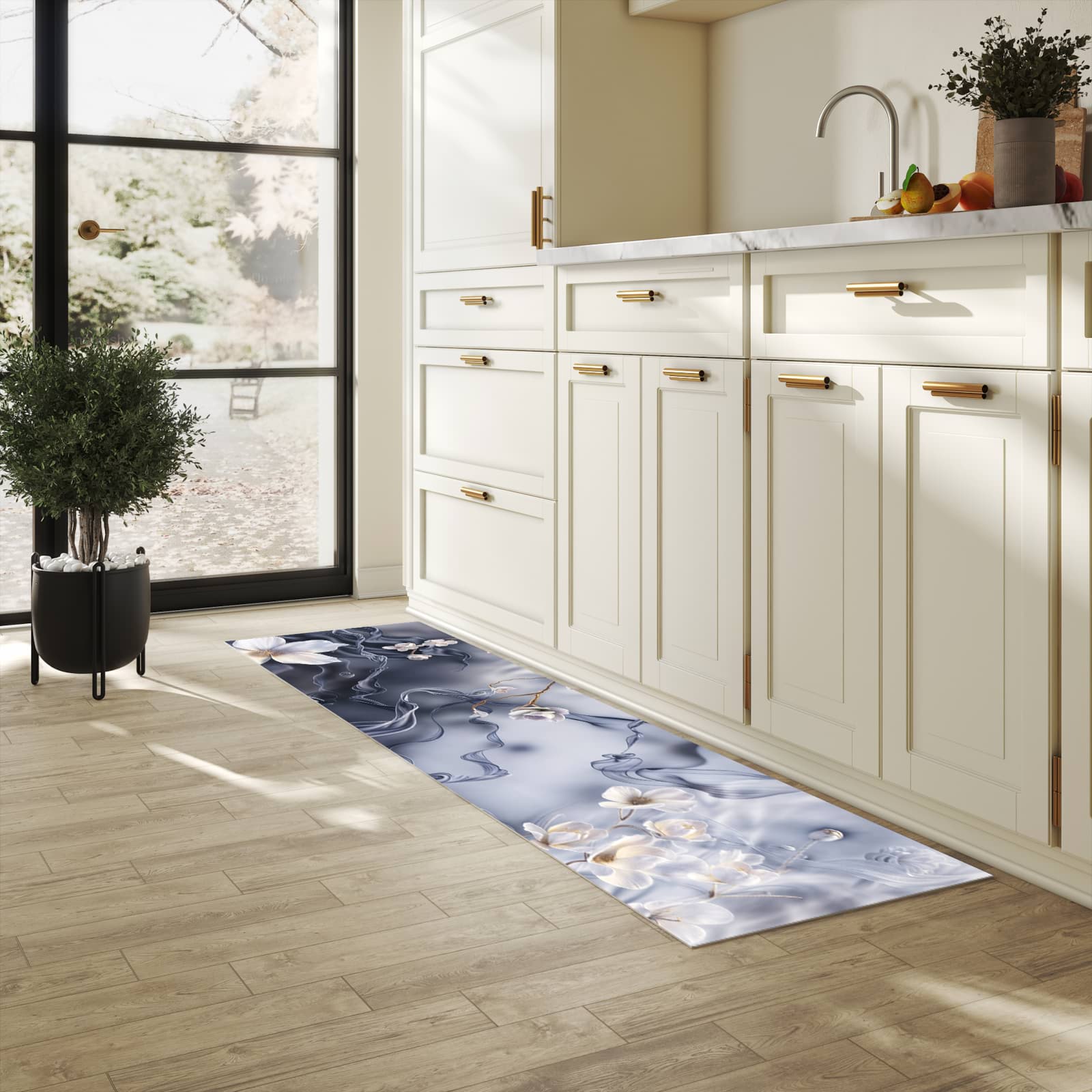 Flacher rutschfester Küchenläufer mit Motiv Blumenwellen On Silk in heller Küche