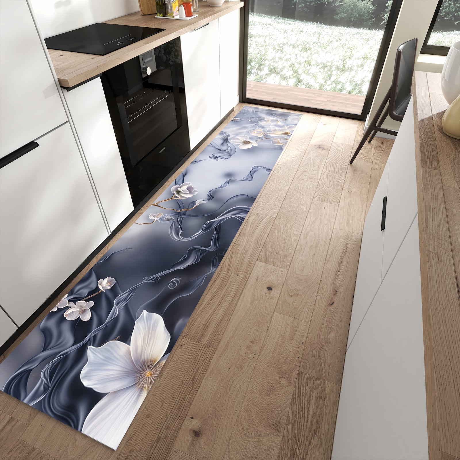 Bodenschonender Küchenläufer mit Motiv Blumenwellen On Silk in moderner Küche