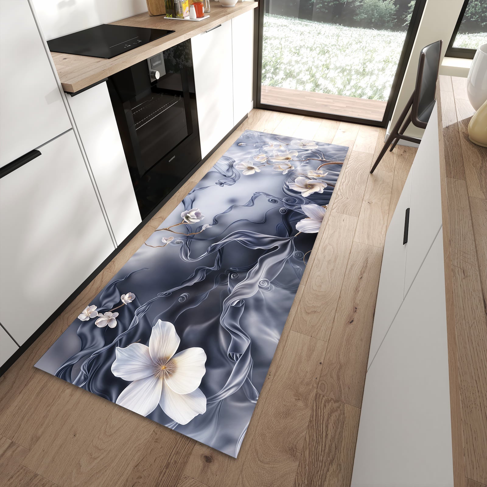 UV-beständiger dünner Teppich mit Motiv Blumenwellen On Silk in moderner Küche