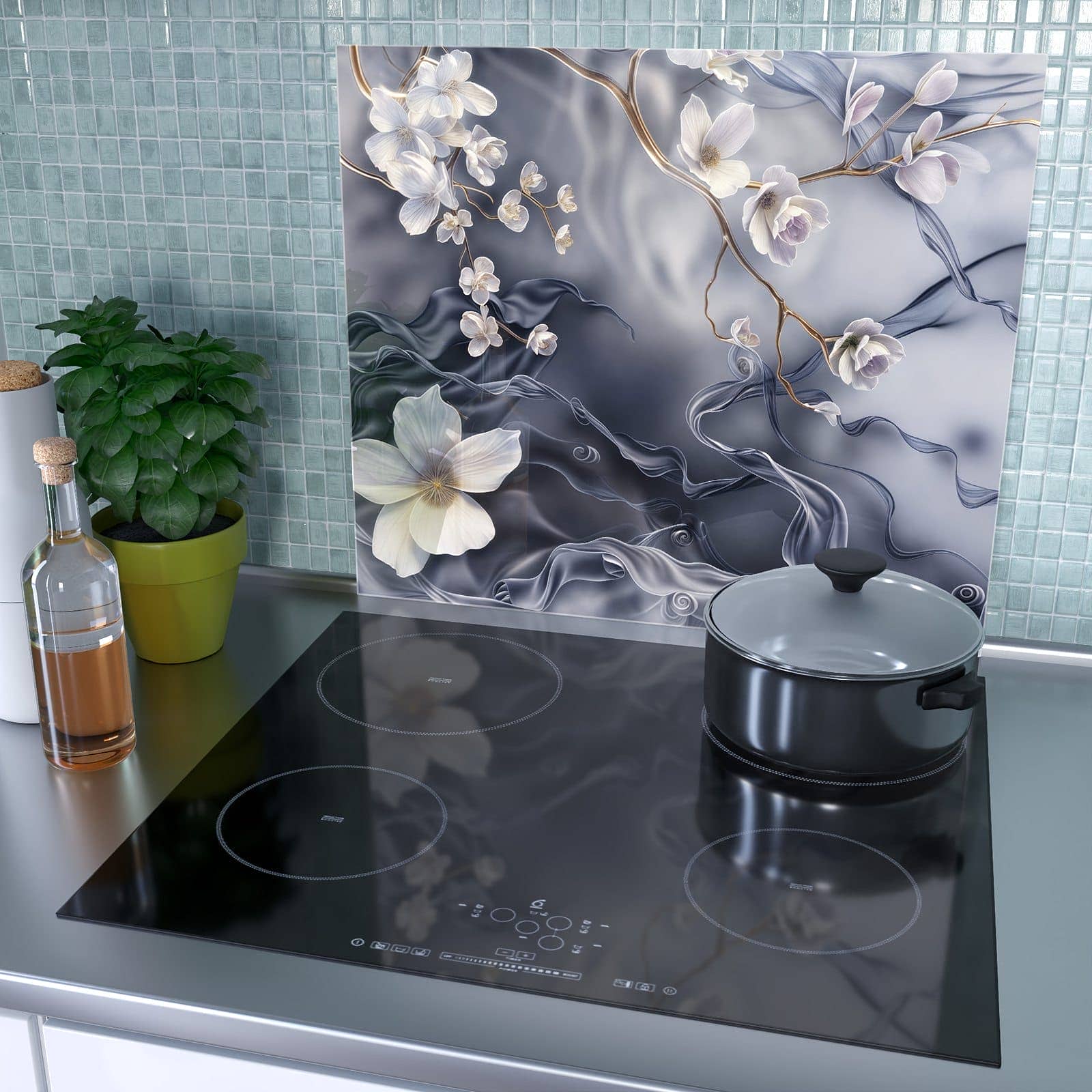 1-teilige Abdeckung für Herdplatten mit Blumenwellen auf Seide-Motiv als Spritzschutz hinter dem Kochfeld
