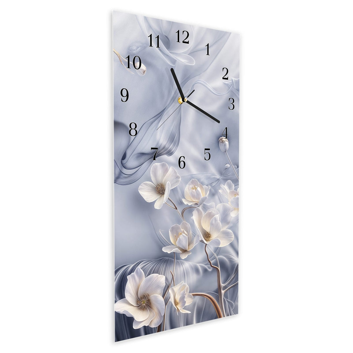 Wanduhr aus Glas im Hochformat Weiße Blüten auf Seide schräg von der Seite, 4 mm starkes Glas