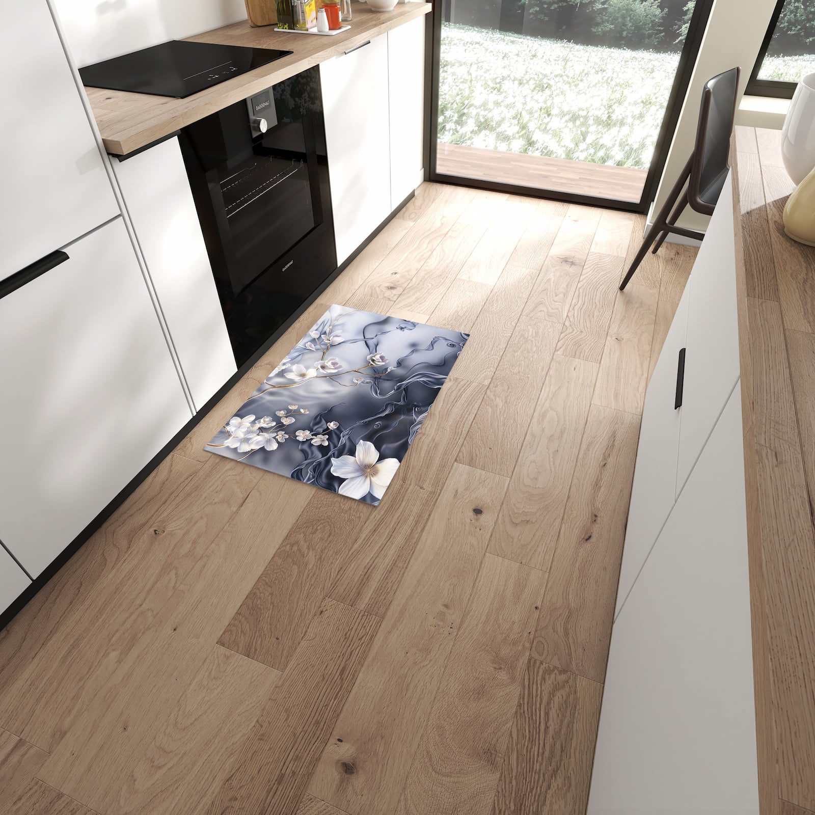 Farbbeständiger Teppichläufer mit Motiv Blumenwellen On Silk in moderner Küche