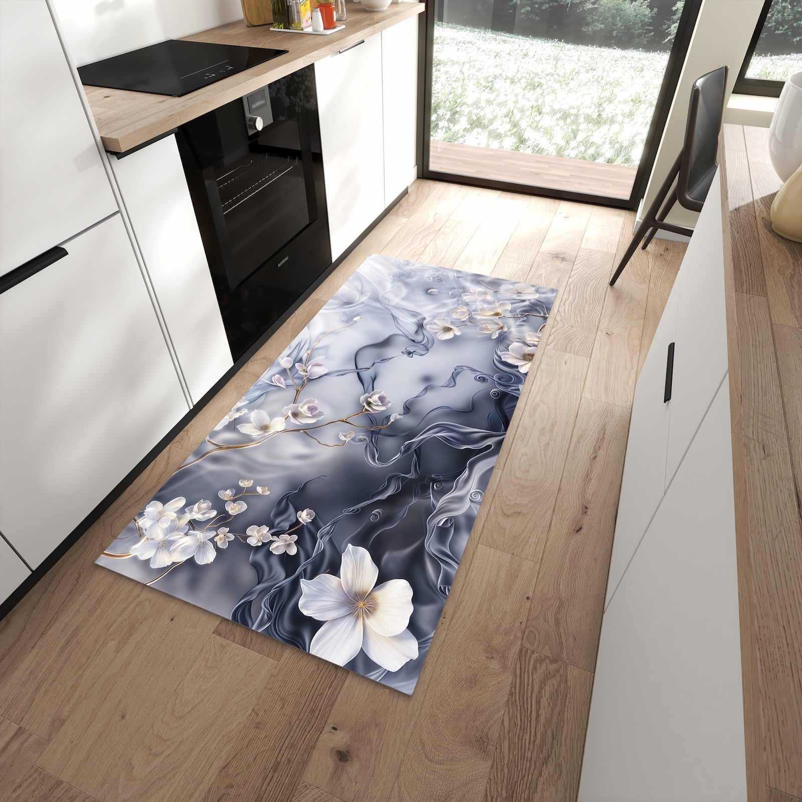 Abriebfester rutschfester Läufer mit Motiv Blumenwellen On Silk in moderner Küche