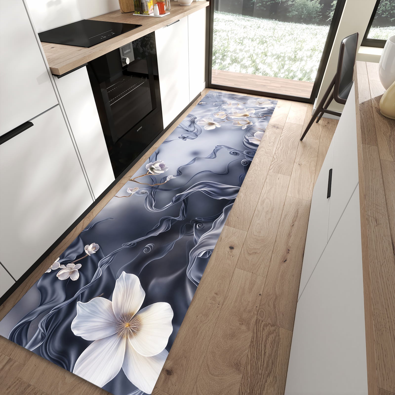 Geräuschdämpfender Läufer mit Motiv Blumenwellen On Silk für Eingangsbereich in moderner Küche