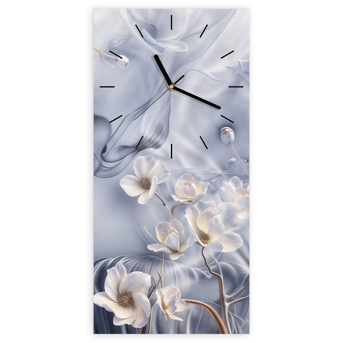 Wanduhr aus Glas, Ziffernblatt Linie mit Motiv Weiße Blüten auf Seide: Weiße Magnolienblüten an goldenen Zweigen vor graublauen, seidig wirbelnden Schleiern