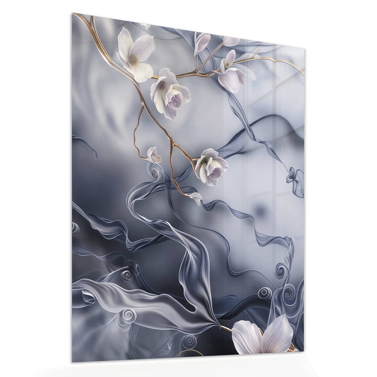 Echtglas, 4 mm – kein Acryl, keine Folie – Wandbild - Weiße Blüten auf Seide - Hochformat