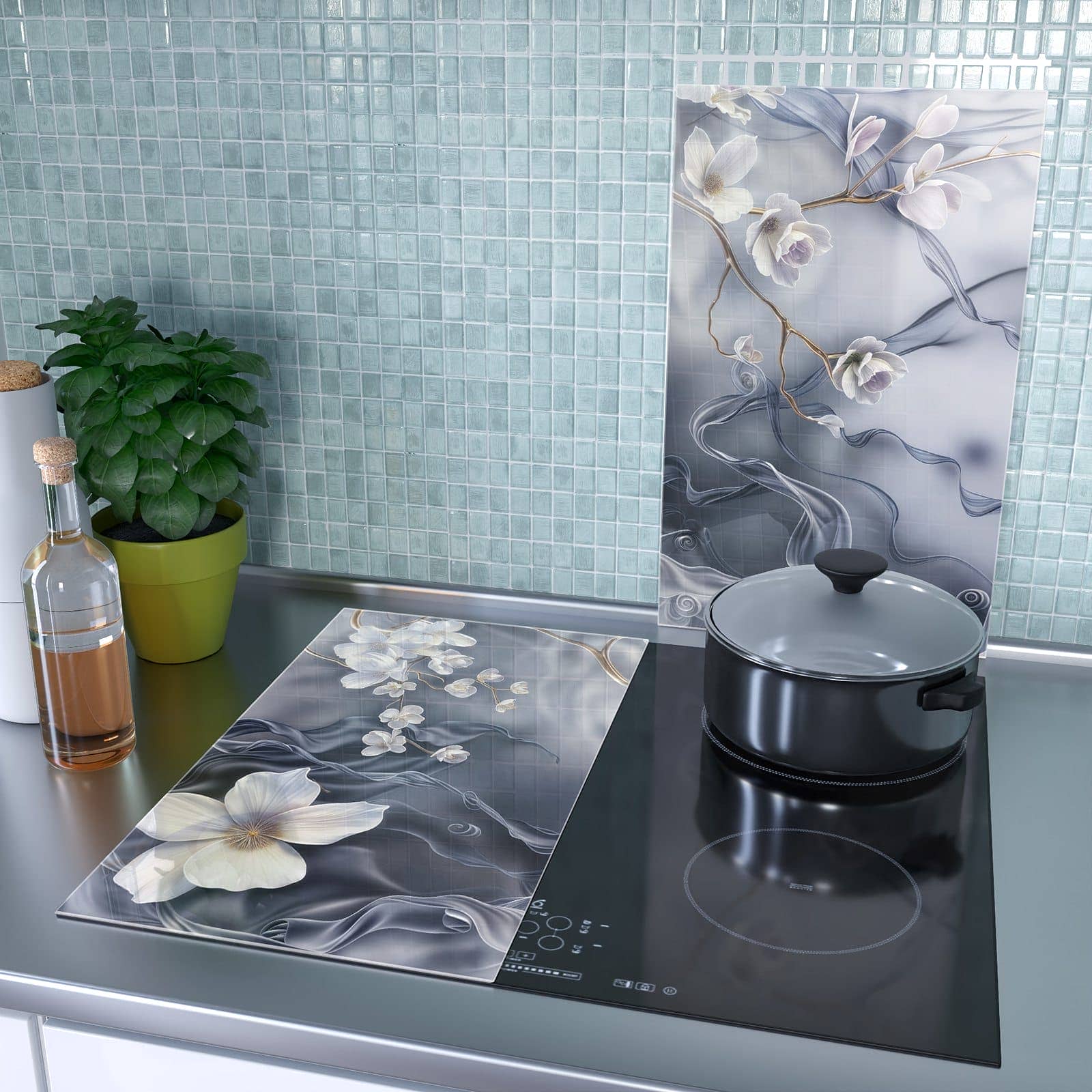 2-teilige Abdeckplatten für Ceranfeld mit Blumenwellen auf Seide-Motiv als Spritzschutz hinter dem Kochfeld