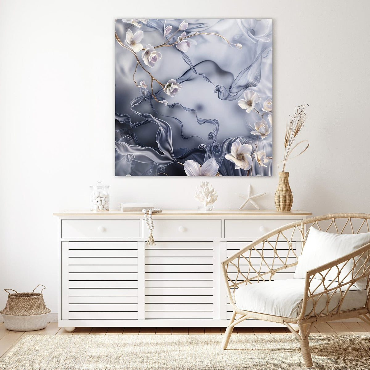 Echtglas, 4 mm – kein Acryl, keine Folie – Wandbild - Weiße Blüten auf Seide - Quadratisch