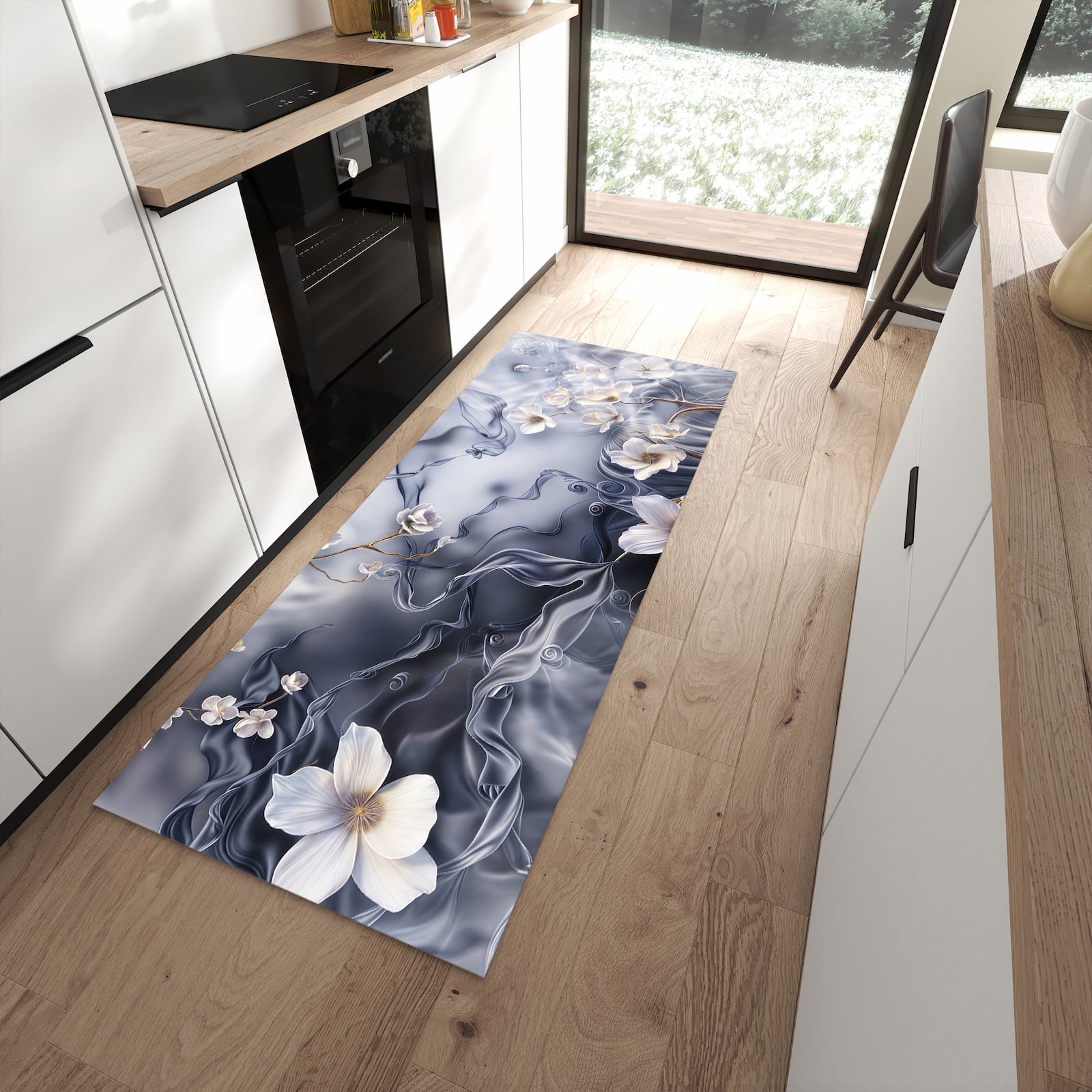 Formstabiler waschbarer Läufer für die Küche mit Motiv Blumenwellen On Silk in moderner Küche