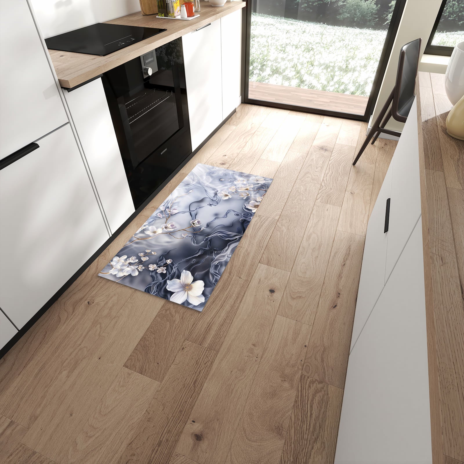 Langlebiger Küchenläufer mit Motiv Blumenwellen On Silk in moderner Küche #grösse_60 x 120 cm