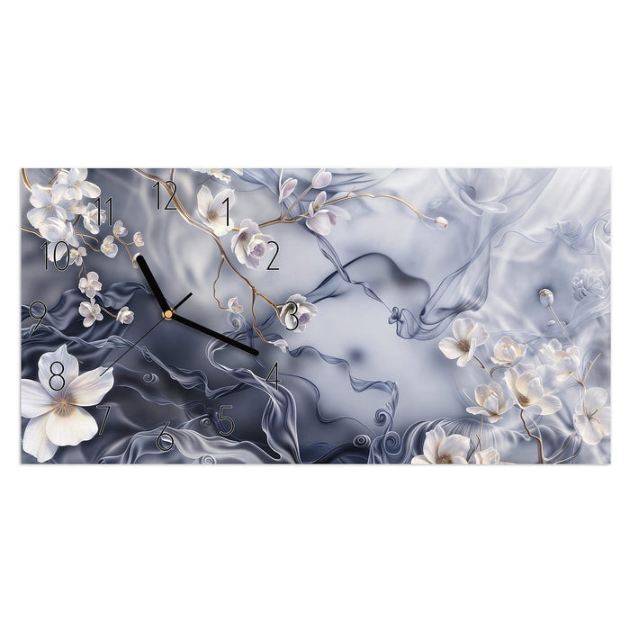Wanduhr Blumenwellen auf Seide aus Glas – Querformat 60 × 30 cm mit Ziffernblatt Elegant