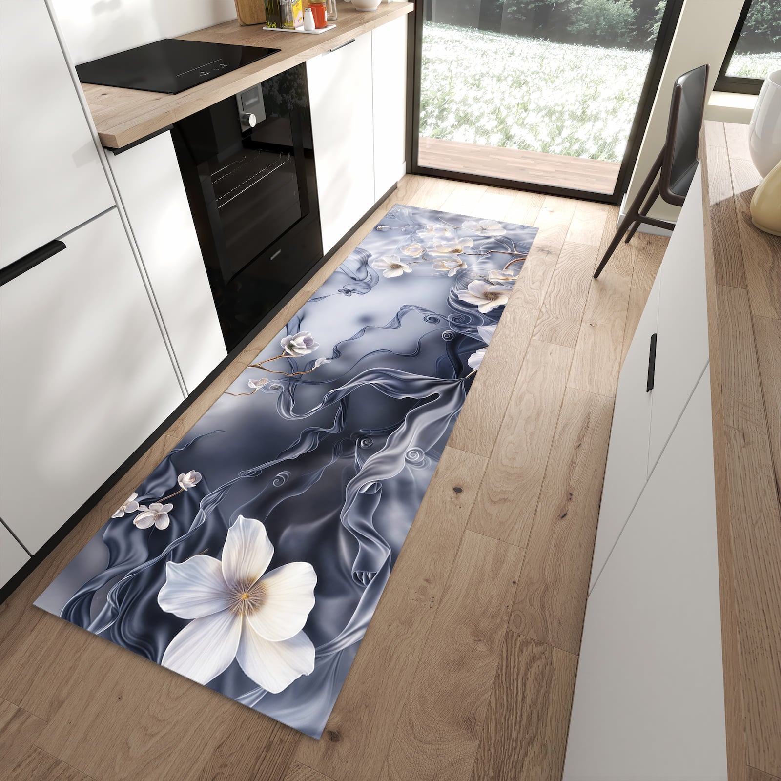 Waschbarer Küchenläufer mit Motiv Blumenwellen On Silk in moderner Küche für sichere Aufbewahrung