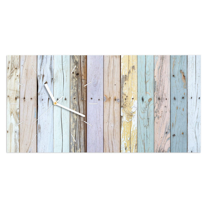 Wanduhr Bunte Holzplanken aus Glas – Querformat 60 × 30 cm mit Ziffernblatt Linie