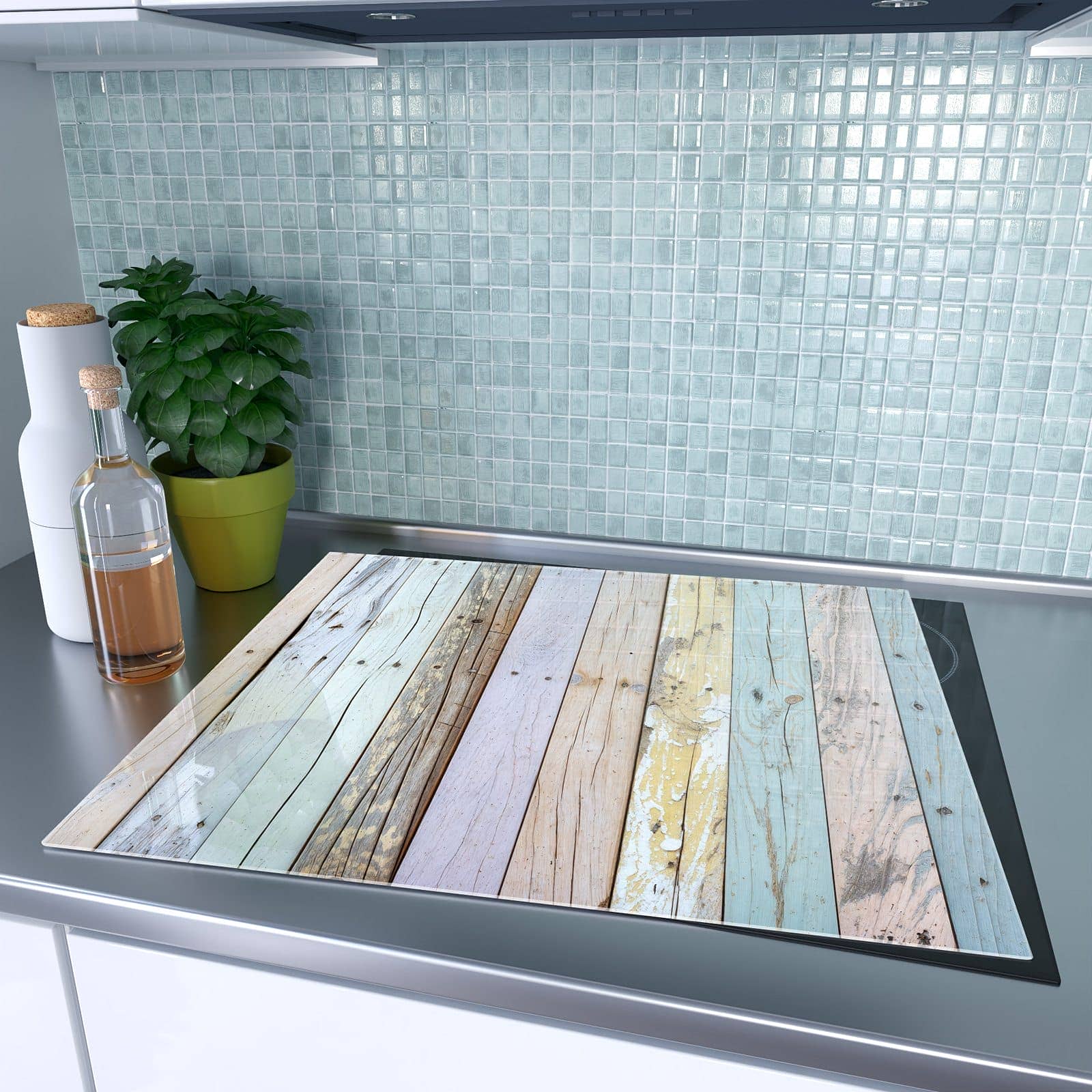 1-teilige Herdabdeckung aus Glas mit Bunte Holzplanken-Motiv auf dem Ceranfeld