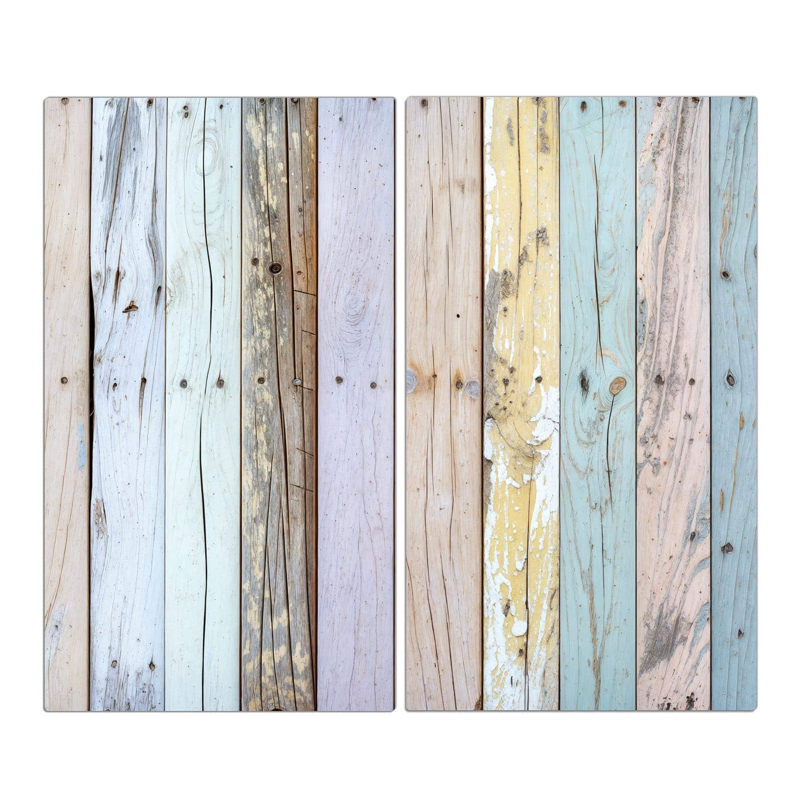 2-teilige Herdabdeckplatte mit Bunte Holzplanken-Motiv in der Frontansicht #grösse_2-Teilig (60x52cm)