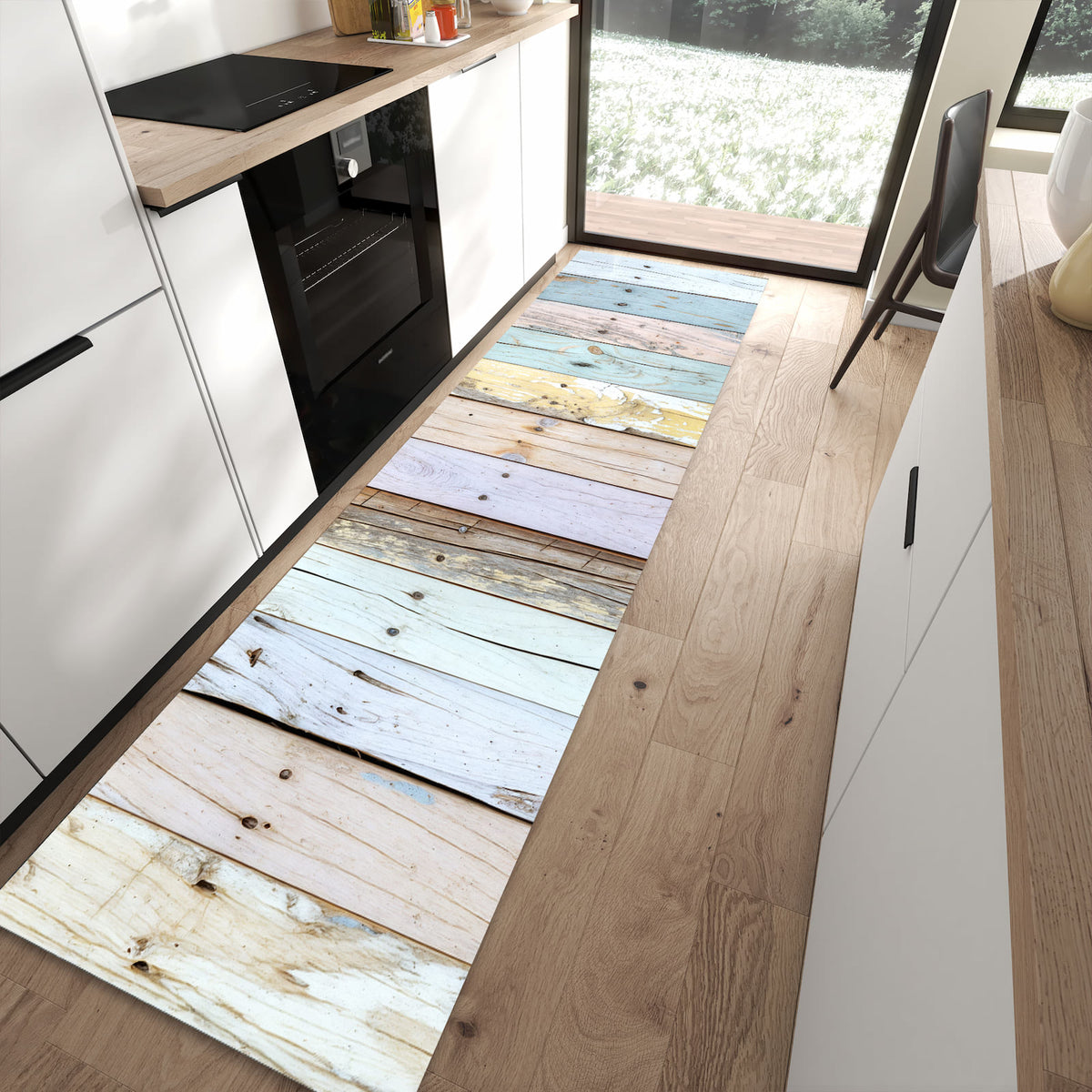 Feuchtigkeitsresistenter Küchenteppich mit Motiv Bunte Holzplanken in moderner Küche