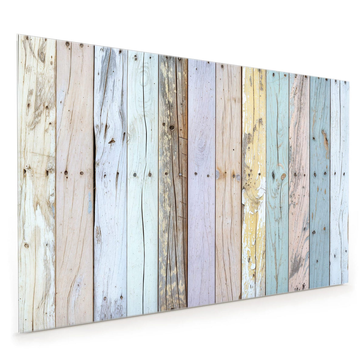 Küchenrückwand aus Glas im Hochformat mit Motiv Holzbretter in Pastell: Senkrechte Bretter in verblasstem Flieder, Mint, Gelb und Rosa