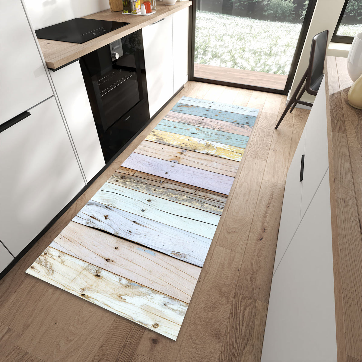 Küchenteppich mit Motiv Bunte Holzplanken für Ordnung in moderner Küche