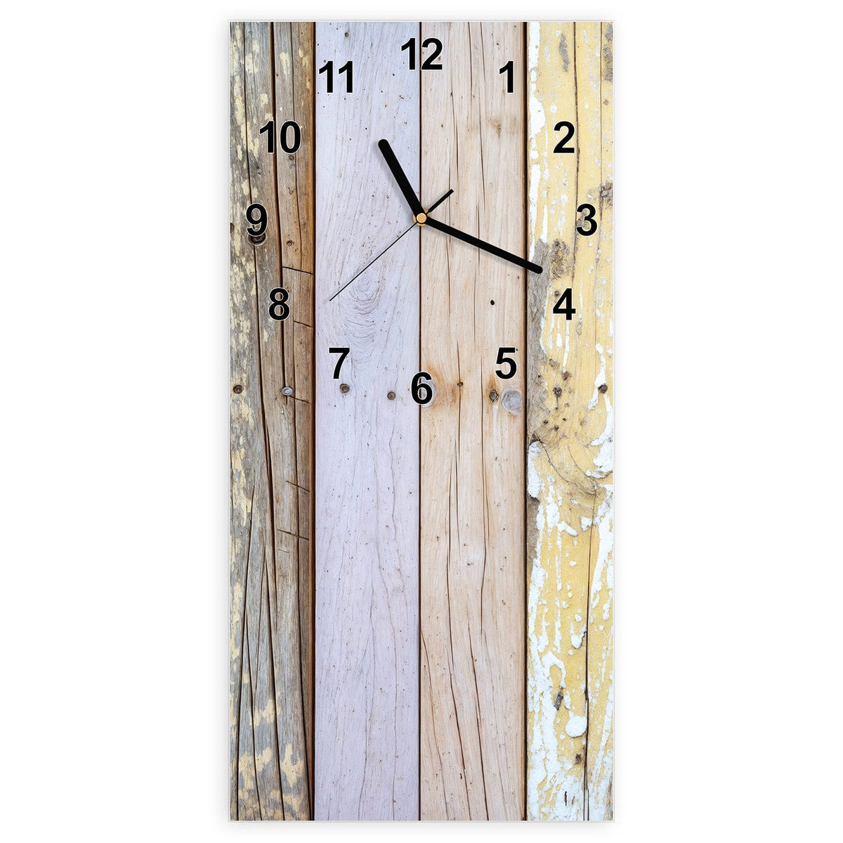 Wanduhr aus Glas, Ziffernblatt Modern mit Motiv Holzbretter in Pastell: Senkrechte Bretter in verblasstem Flieder, Mint, Gelb und Rosa