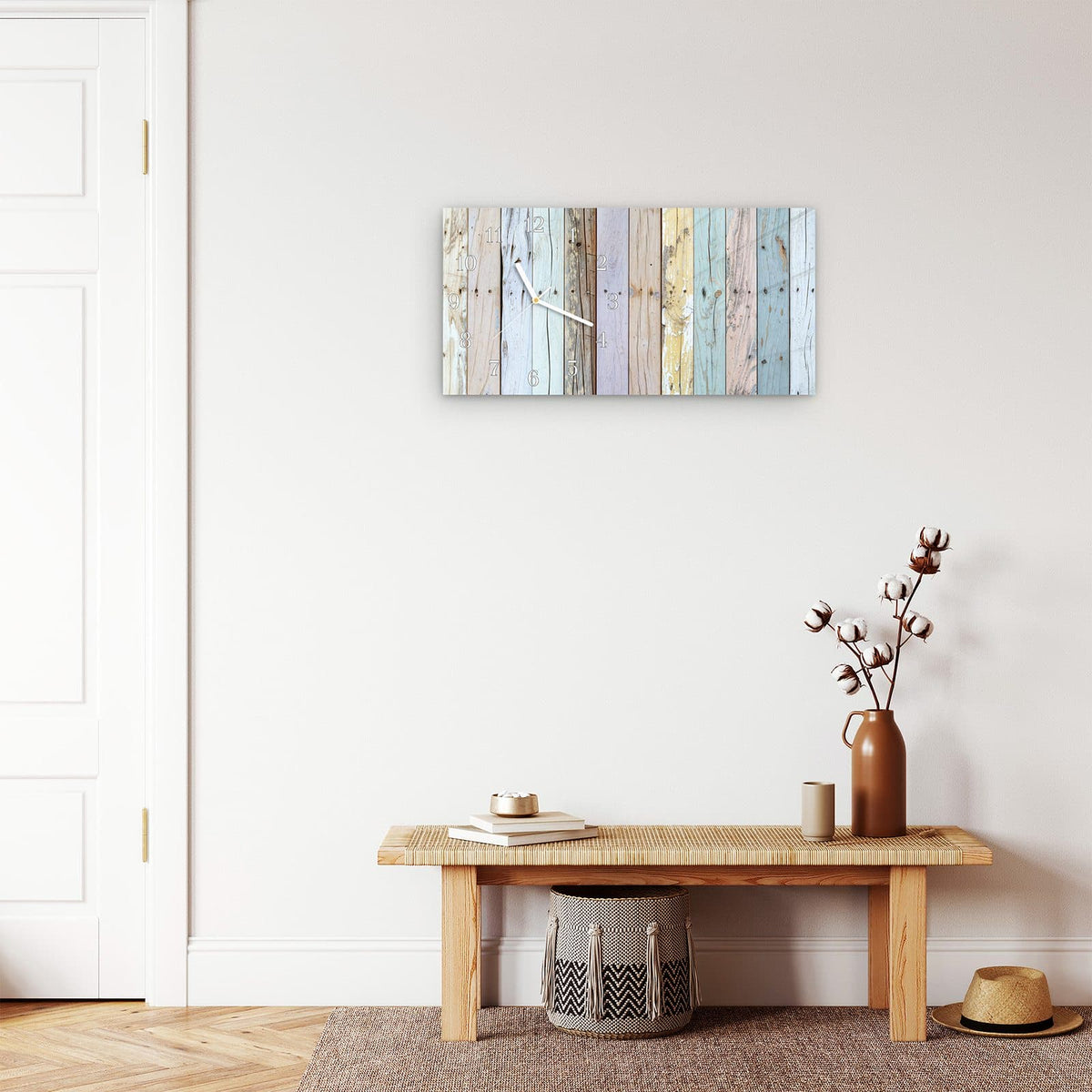 Moderne Wanduhr aus Glas mit Farbtiefe – Wanduhr Bunte Holzplanken aus Glas – Querformat 60 × 30 cm
